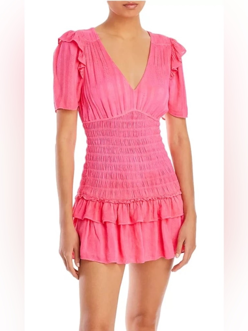 LoveShackFancy Coral Pink Smocked Ruffle Mini Dress